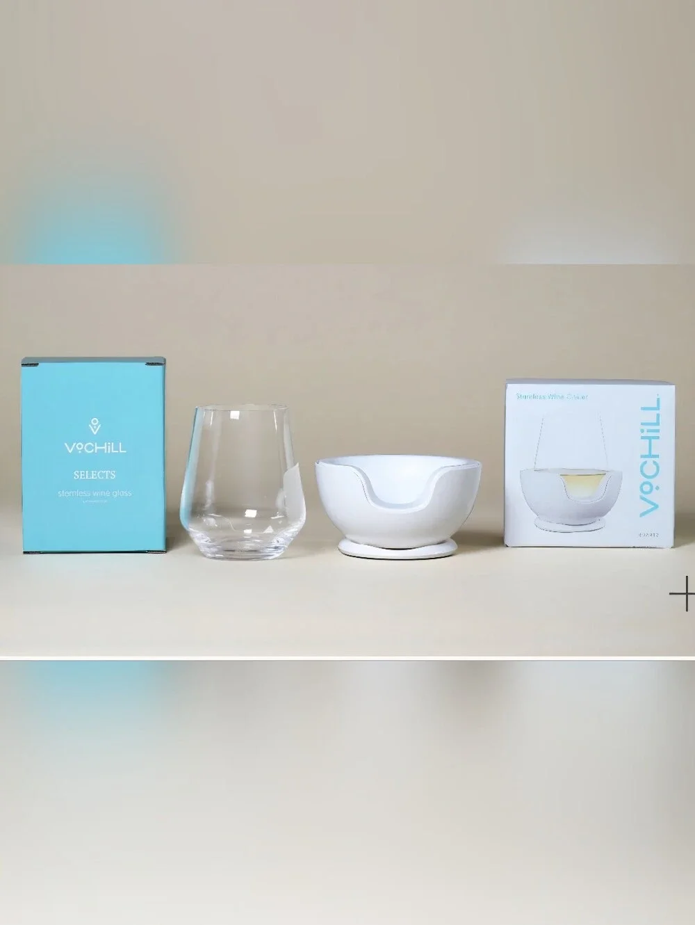 NEW VoChill Stemless Wine Chiller Quartz + Selects Universal Wine Glass NIB
